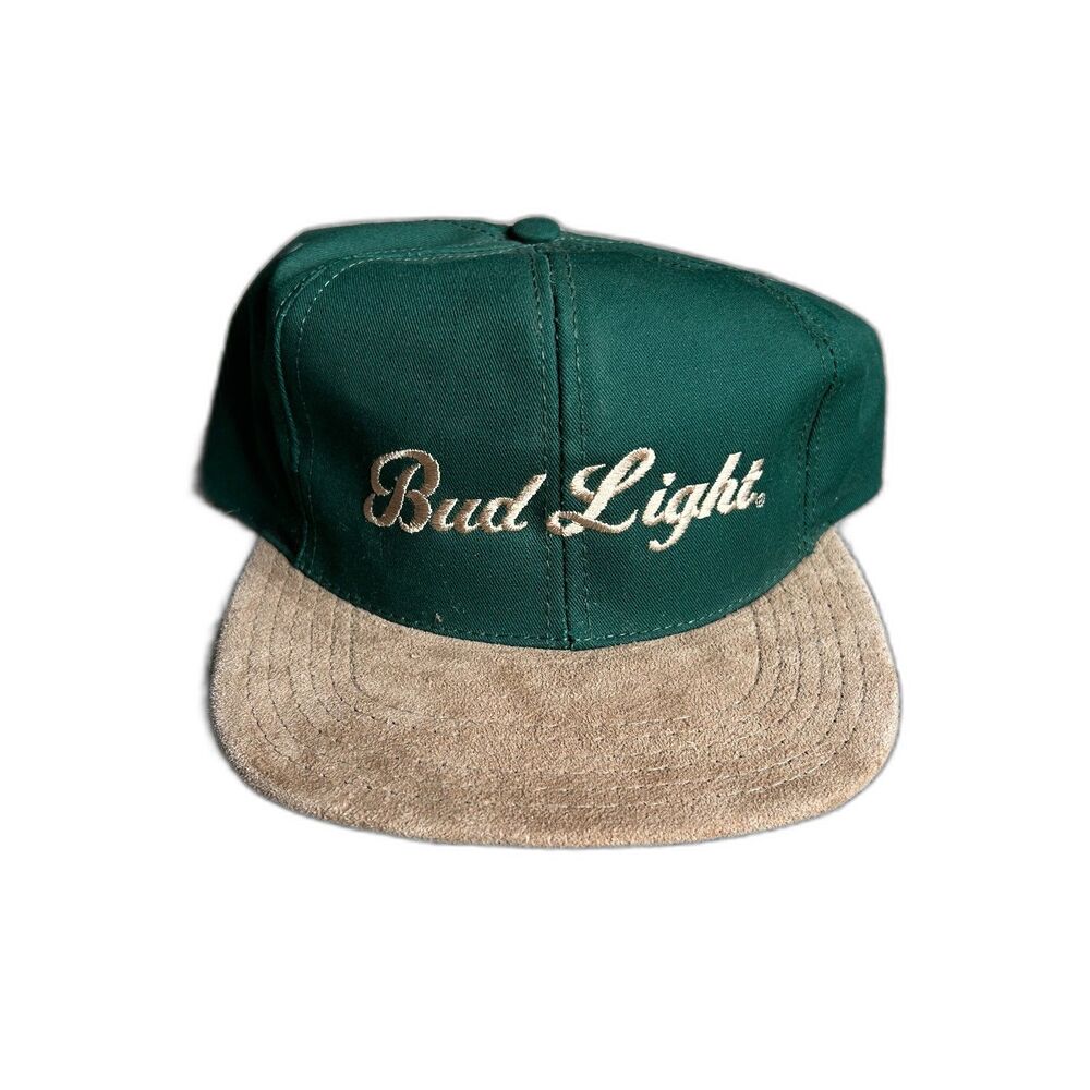 VINTAGE BUD LIGHT SUEDE BRIM SNAP BACK CAP HAT MADE IN USA